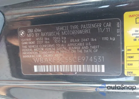 2012 BMW 328I xDrive from USA, damaged, VIN WBAKF3C55CE974531